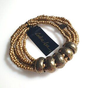 Cookie Lee Gold Beaded Stretch Bracelet Set With Hammered Metal Accents Handmade